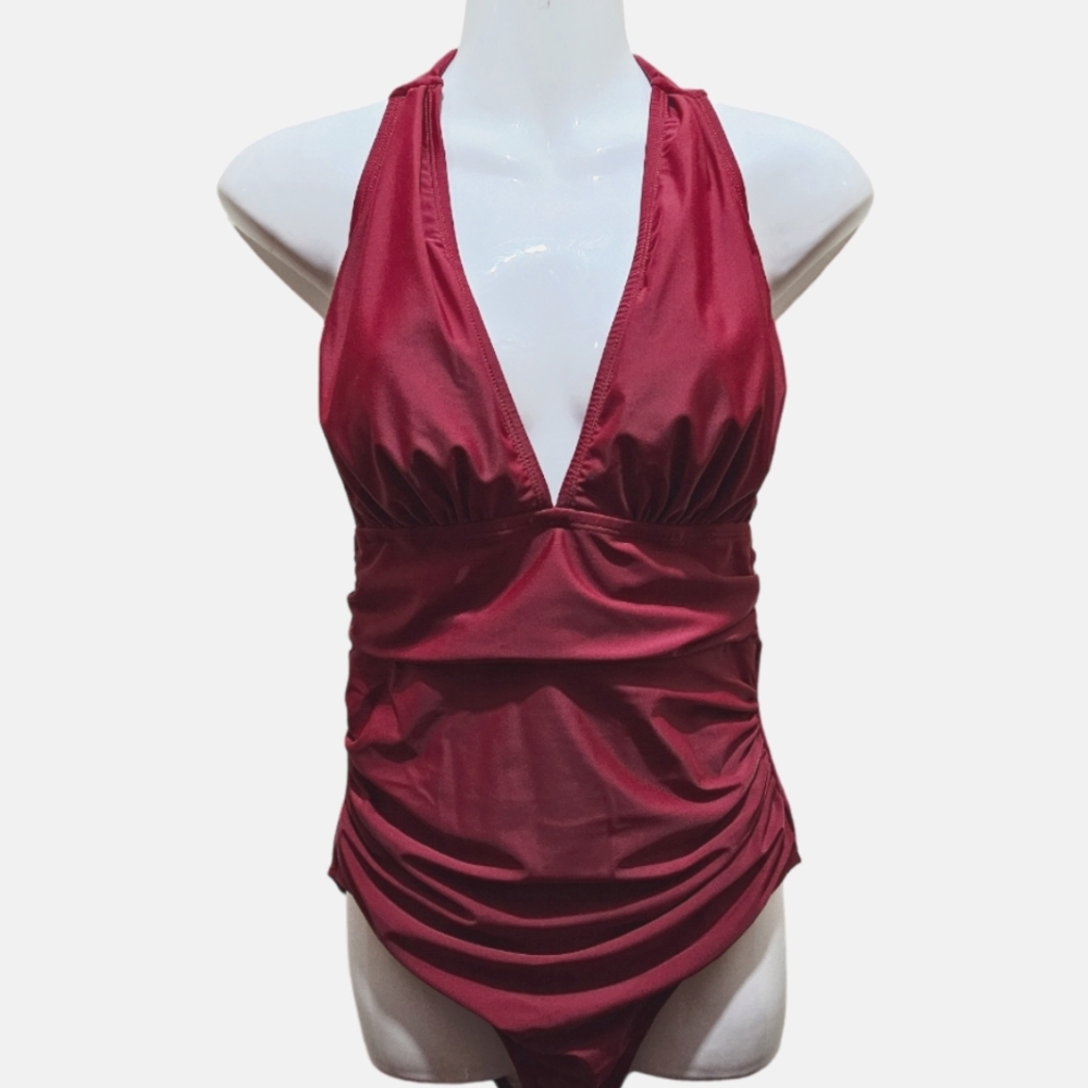 CUPSHE One Piece Swimsuit Halter Backless Swimwear Women M Red Wine